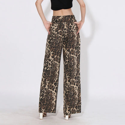 TWOTWINSTYLE Casual Vintage Fashion Leopard Denim High Waist Wide-Leg Pants Broken Holes Straight Loose Fit Breathable Design