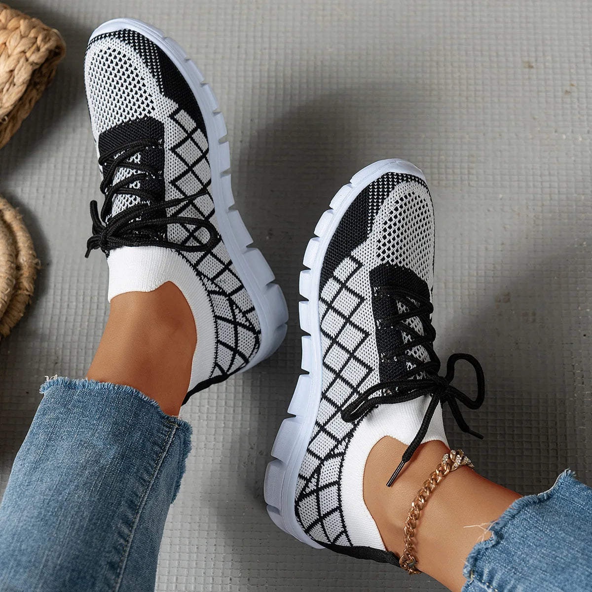 2026 NEW KJ Women's Sneakers Breathable Mesh Casual Sports Shoes New Thick Sole Travel Shoes with Cushioning Lightweight