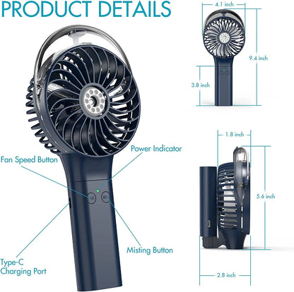 Foldable Handheld Misting Fan 3000mAh USB Rechargeable with Water Tank Spray Function