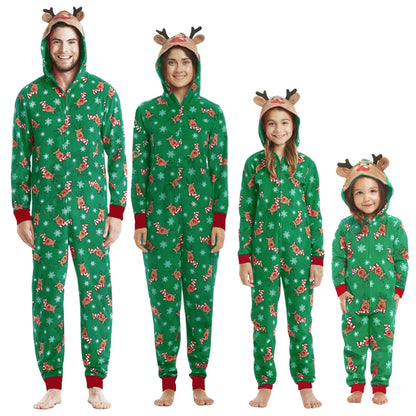Christmas Family Matching Onesie - Elk Print Hooded Jumpsuit Pyjamas for Mom Dad Kids