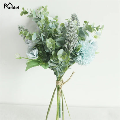 Meldel Wedding Flower Bouquet Artificial Silk Rose Lucky Ball Flower Home Wedding Decor Bride Bouquet Forest Style Eucalyptus