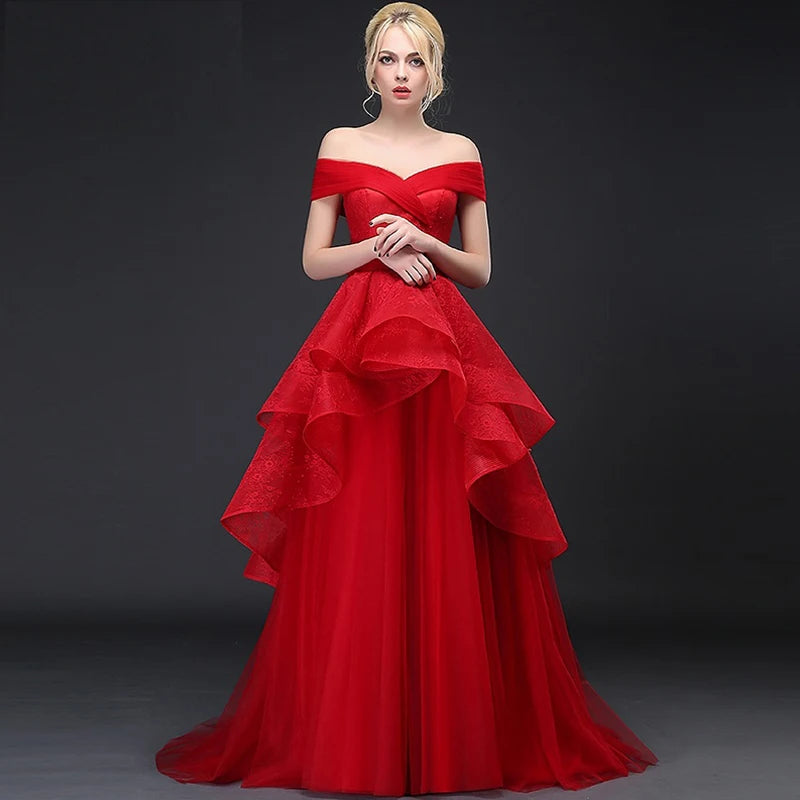 6808# Luxuriant Cap Sleeve Tiered Tulle Wedding Dresses 2022 Elegant A-Line Off Shoulder Lace-Up Bridal Party Gowns Sweep Train