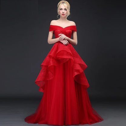 6808# Luxuriant Cap Sleeve Tiered Tulle Wedding Dresses 2022 Elegant A-Line Off Shoulder Lace-Up Bridal Party Gowns Sweep Train