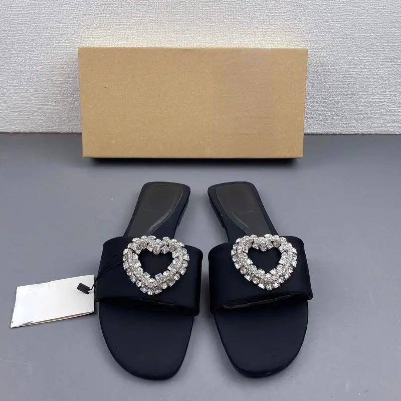 Latest Design Love Rhinestone Ladies Slides Footwear Open Toe Flat Casual High Quality 2025 Women's Sandals