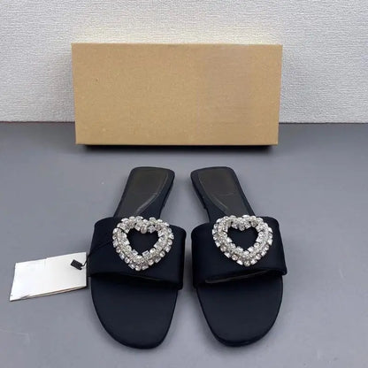 Latest Design Love Rhinestone Ladies Slides Footwear Open Toe Flat Casual High Quality 2025 Women's Sandals