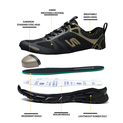 Men's Steel Toe Anti-Puncture Breathable Lightweight Indestructible Men's Breathable Woven Knit Shock Absorption Running Shoes
