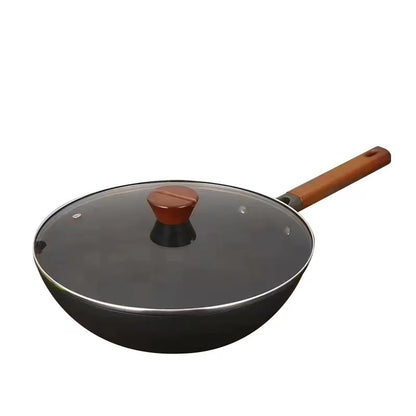 Extra Thick Nitrided Cast Iron Frying Pan Wood Grain Handle Tempered Glass Lid Non-Coated Non-Stick Surface CE Certified