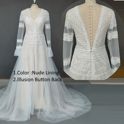 10027#Gorgeous V Neck Long Sleeve Sheer Button Back Bohemian Lace Wedding Dress Appliques Tulle a Line Bridal Gown Sweep Train