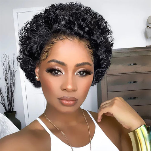 Cheap 13x1 Lace Pixie Cut Curly Wig Natural Brazilian 150% Density Pixie Curly Human Hair Wig 100% Human Hair
