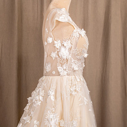 9261# Illusion Sheer Neck A-Line Wedding Dresses for Women Fashion 3D Lace Appliques Sleeveless Bridal Gowns