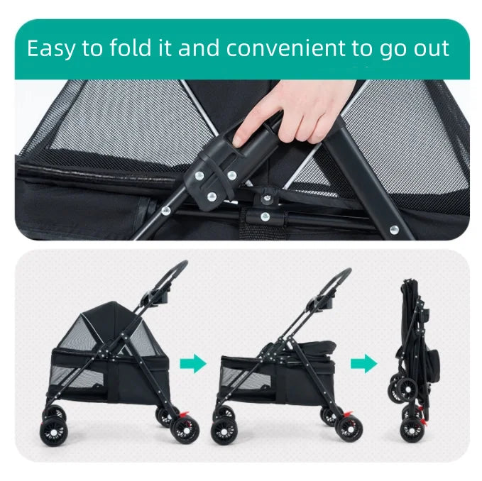 Pet Stroller, 4-Wheel Dog Pram for Small Medium Cats and Dogs with Storage Basket and Cup Holders for Outdoor Travel
