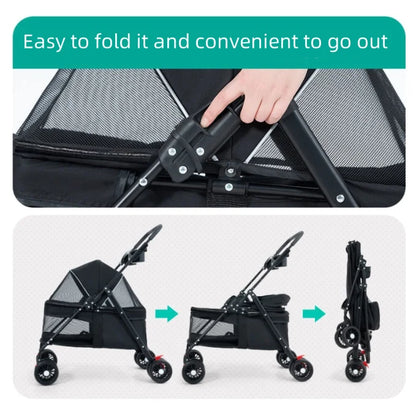 Pet Stroller, 4-Wheel Dog Pram for Small Medium Cats and Dogs with Storage Basket and Cup Holders for Outdoor Travel
