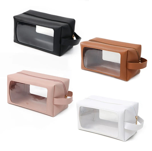 Portable Transparent PVC Toiletry Bags PU Leather Waterproof Zipper Wash Bag Women Makeup Cosmetic Bag for Traveling
