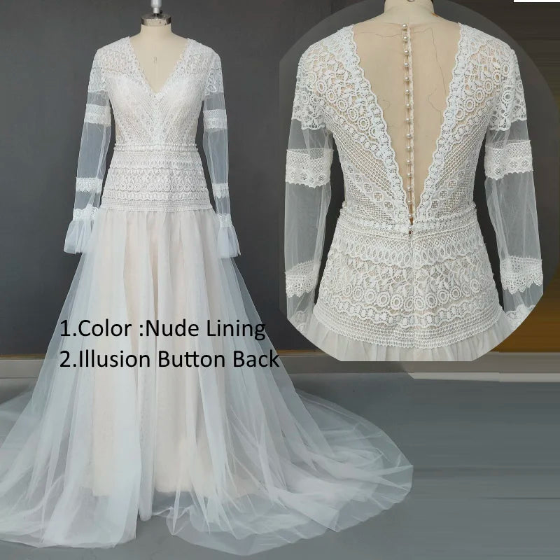 10027#Gorgeous V Neck Long Sleeve Sheer Button Back Bohemian Lace Wedding Dress Appliques Tulle a Line Bridal Gown Sweep Train