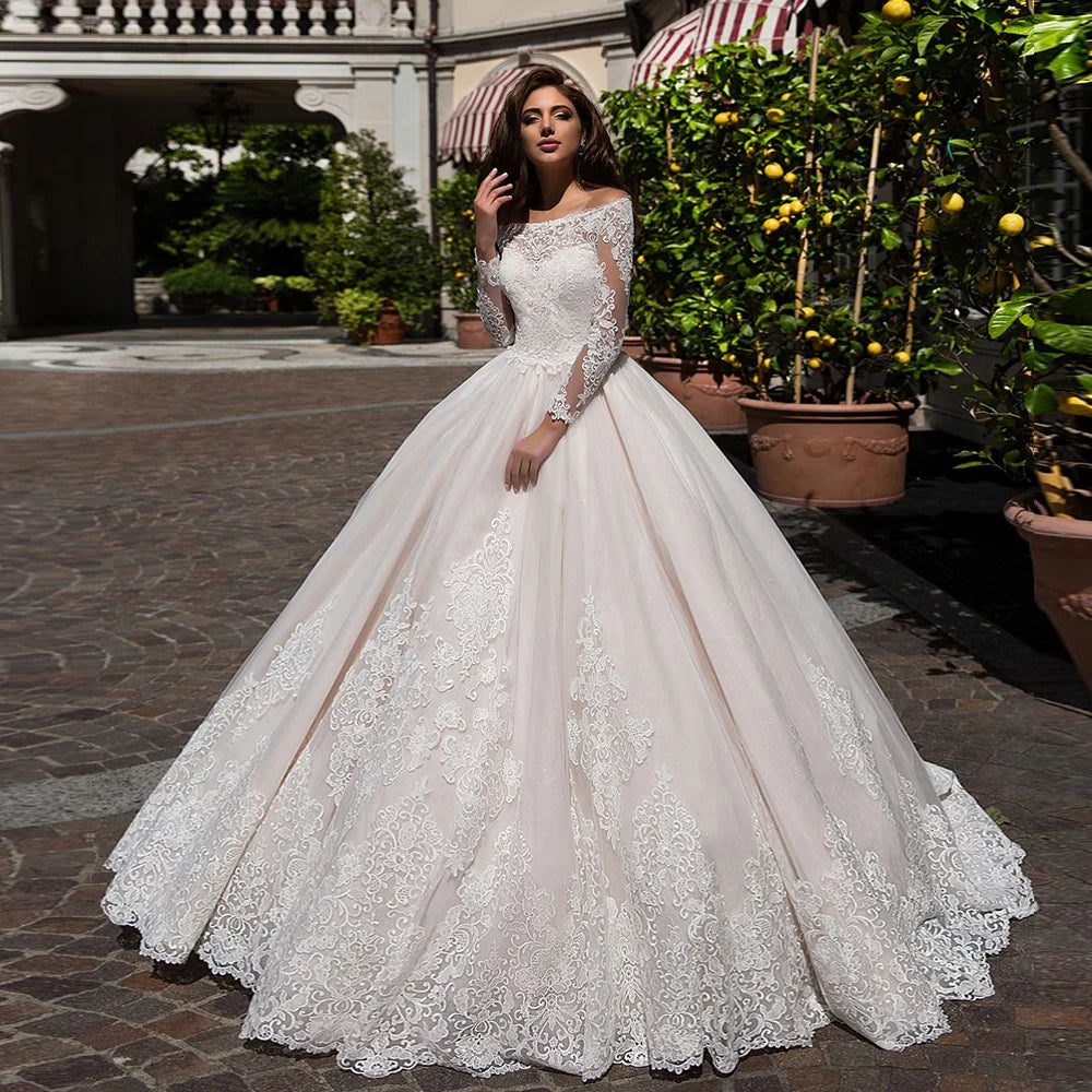Custom Made Princess Ball Gown Wedding Dress Long Sleeve Vestido De Novia Princesa Boat Neck Buttons up Appliques Wedding Gowns