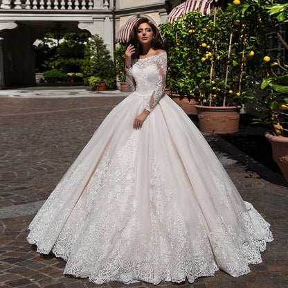 Custom Made Princess Ball Gown Wedding Dress Long Sleeve Vestido De Novia Princesa Boat Neck Buttons up Appliques Wedding Gowns