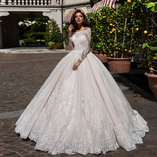 Custom Made Princess Ball Gown Wedding Dress Long Sleeve Vestido De Novia Princesa Boat Neck Buttons up Appliques Wedding Gowns