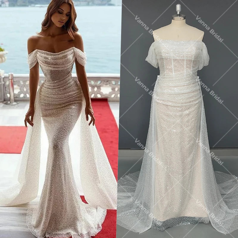 11940# Off-Shoulder Bohemian Shiny Lace Beach Mermaid Wedding Dress Short Sleeves Detachable Train Wedding Dress Bridal Gown