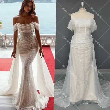 11940# Off-Shoulder Bohemian Shiny Lace Beach Mermaid Wedding Dress Short Sleeves Detachable Train Wedding Dress Bridal Gown