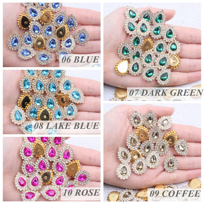 Hot Sale Flatback Claw Glass Rhinestones 7x10mm 200pcs Sew on Tear Shiny Crystals Gold Base for Bags & Clothes