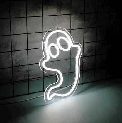 1pc White Ghost Neon Wall Decor 16x13 Inch USB Powered LED PVC Silicone Blue Bedroom Christmas Gift Party Decor Kids Game Room