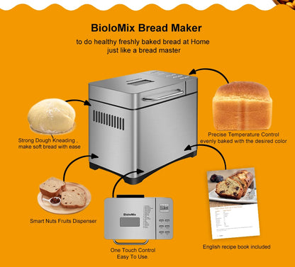 BioloMix Stainless Steel 19-in-1 Automatic Bread Maker,650W Programmable Bread Machine with 3 Loaf Sizes Fruit Nut Dispenser