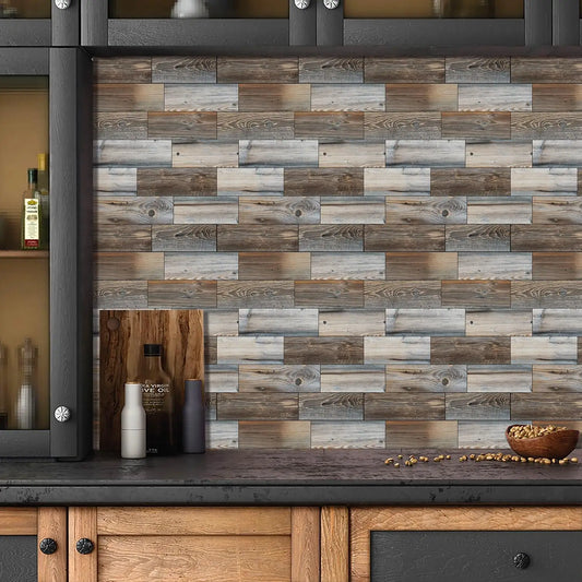 Wood Grain Splicing Waterproof Oil-Resistant Fireproof PVC Wall Tile Peel and Stick Backsplash Sticker