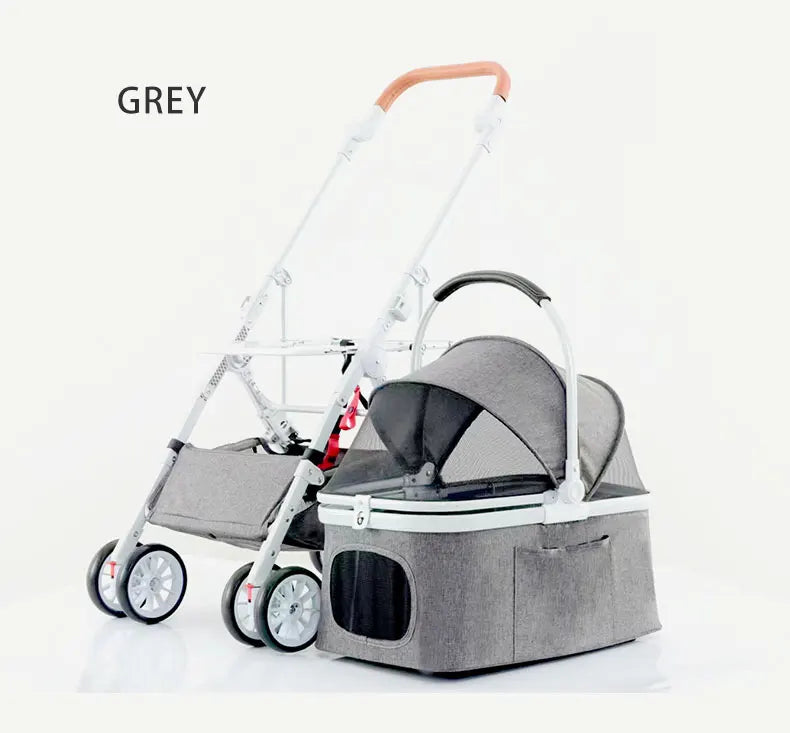Luxury Easy Fold Removable Liner Waterproof Adjustable Storage Basket Pet Stroller 4 Wheel 15kg Capacity for Dogs/Cats Aluminum