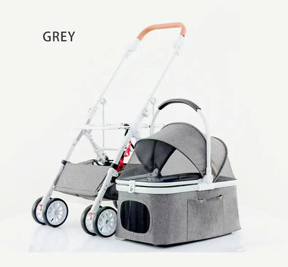 Luxury Easy Fold Removable Liner Waterproof Adjustable Storage Basket Pet Stroller 4 Wheel 15kg Capacity for Dogs/Cats Aluminum