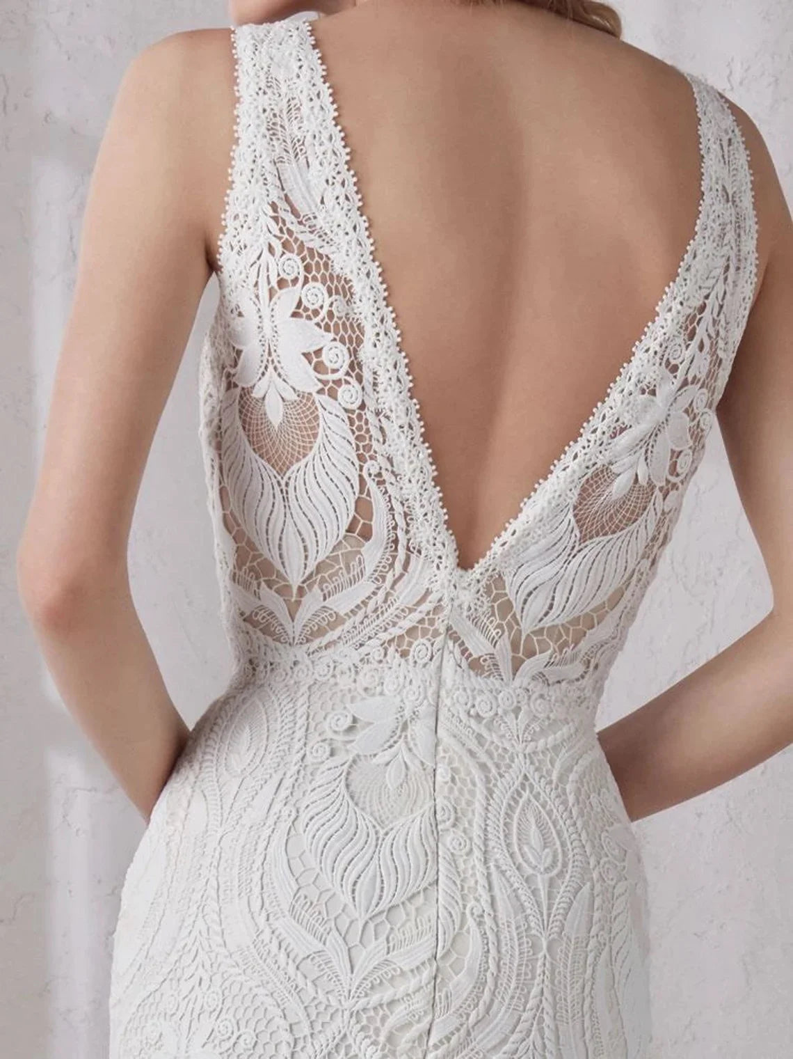 11941#Elegant Sleeveless Gorgeous Deep V Neck Open Back Bohemian Lace Mermaid Beach Wedding Dress Wedding Bridal Gown