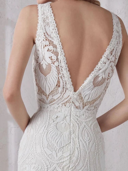 11941#Elegant Sleeveless Gorgeous Deep V Neck Open Back Bohemian Lace Mermaid Beach Wedding Dress Wedding Bridal Gown