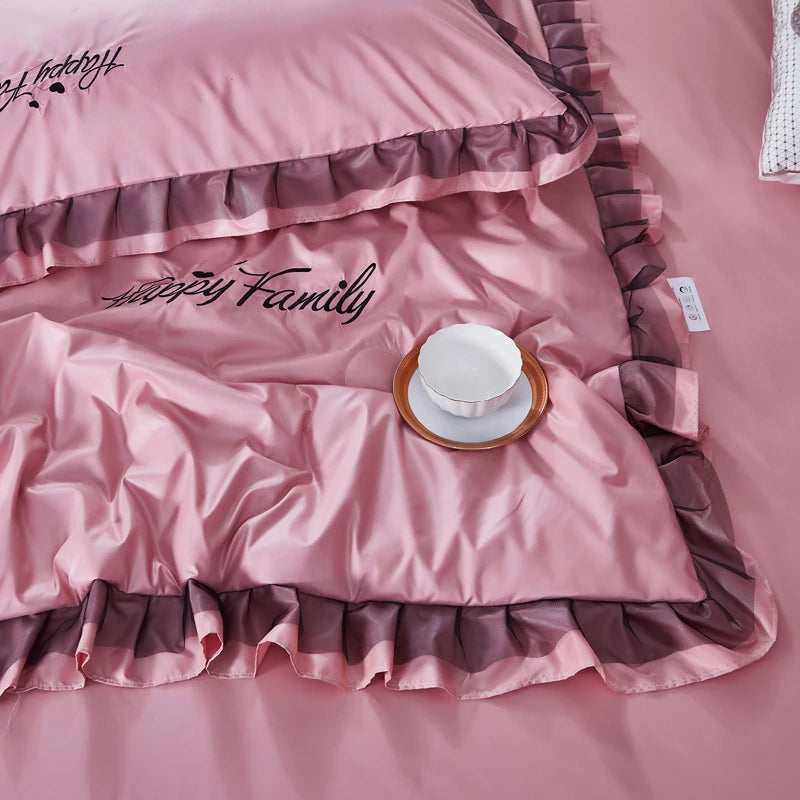 2025 Spring New Washed Silk 4PCS Bed Sheet Pink Plain Duvet Cover  with Floral Solid Cartoon Quilt Set