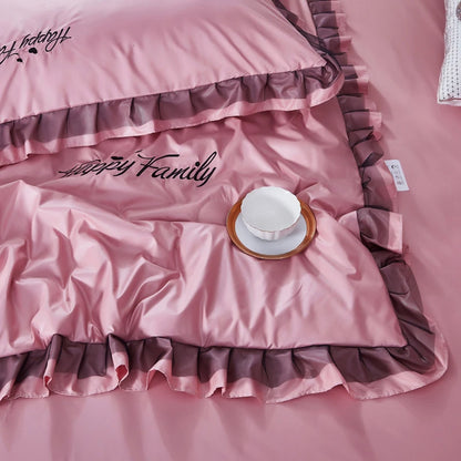 2025 Spring New Washed Silk 4PCS Bed Sheet Pink Plain Duvet Cover  with Floral Solid Cartoon Quilt Set