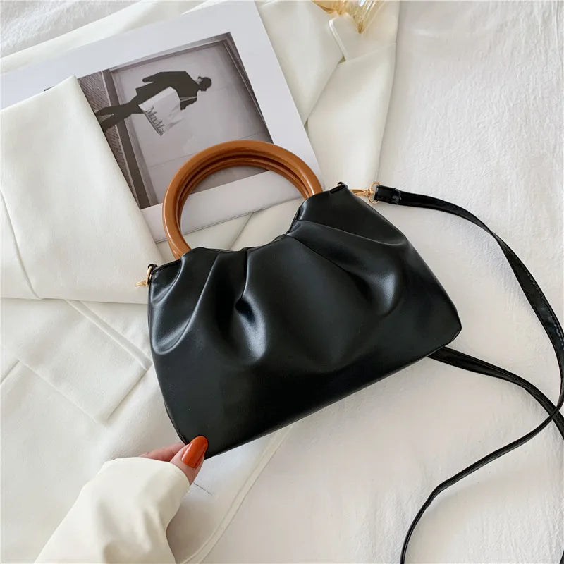 Strength Manufacturer Fashion New Style Wooden Handle Soft Pleated Women Handbag Mini Crossbody Bag Handmade