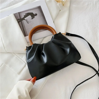Strength Manufacturer Fashion New Style Wooden Handle Soft Pleated Women Handbag Mini Crossbody Bag Handmade