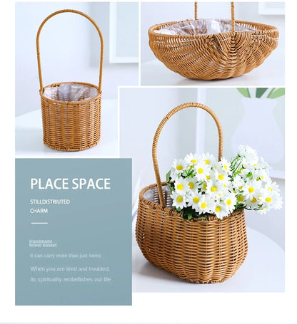 Portable Outdoor Picnic Basket Home Decorative Storage Woven Flower Pot Hand-held Rattan Wicker Accompanying Gift Floral Basket
