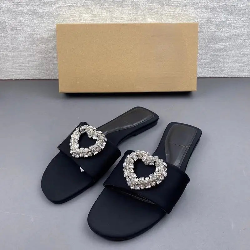 Latest Design Love Rhinestone Ladies Slides Footwear Open Toe Flat Casual High Quality 2025 Women's Sandals
