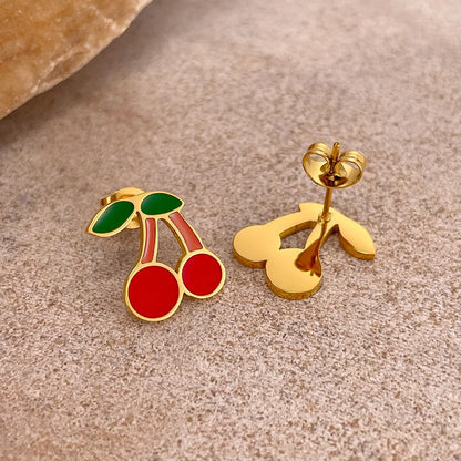 Strawberry Cherry Enamel 14K Gold Plated Women Ladies Stud Earring Stainless Steel Small Charm Earring Fashion Jewelry Set Fruit