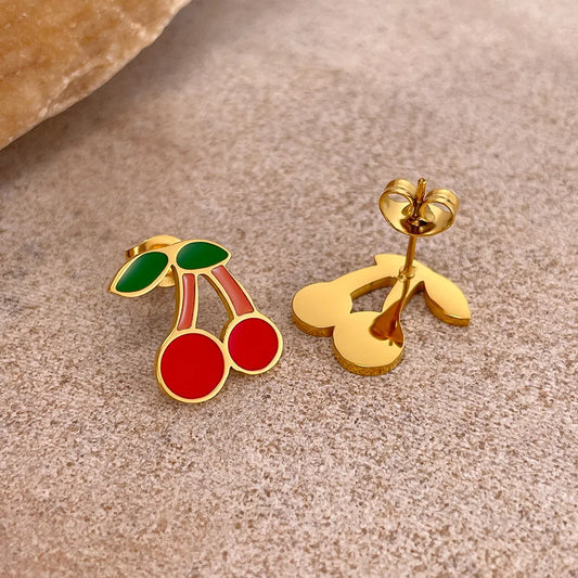 Strawberry Cherry Enamel 14K Gold Plated Women Ladies Stud Earring Stainless Steel Small Charm Earring Fashion Jewelry Set Fruit