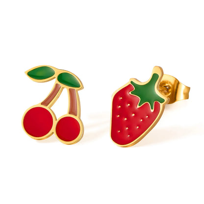 Strawberry Cherry Enamel 14K Gold Plated Women Ladies Stud Earring Stainless Steel Small Charm Earring Fashion Jewelry Set Fruit