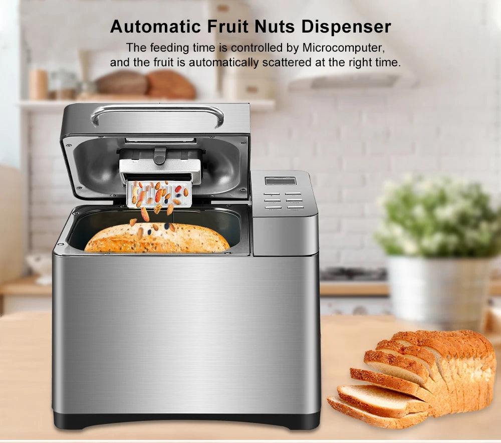 BioloMix Stainless Steel 19-in-1 Automatic Bread Maker,650W Programmable Bread Machine with 3 Loaf Sizes Fruit Nut Dispenser