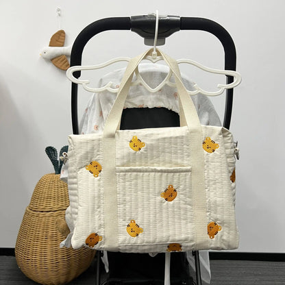 Cartoon Embroidered Design Infant Nappy Diaper Organizer Mommy's Travel Handbag Comfortable Shoulder Stroller Bag for Baby's