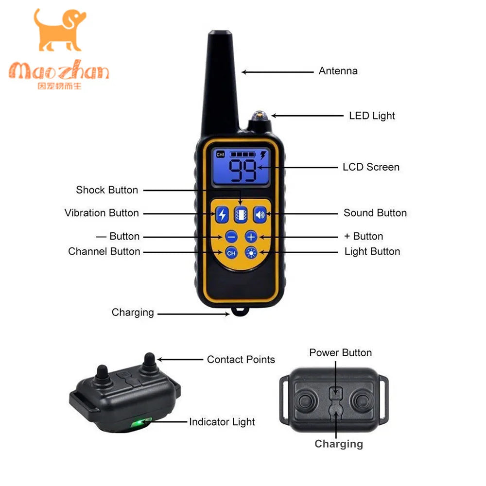 Waterproof 800m Electric Pet Training & Behavior Products Bark Collars Remote Control Rechargeable