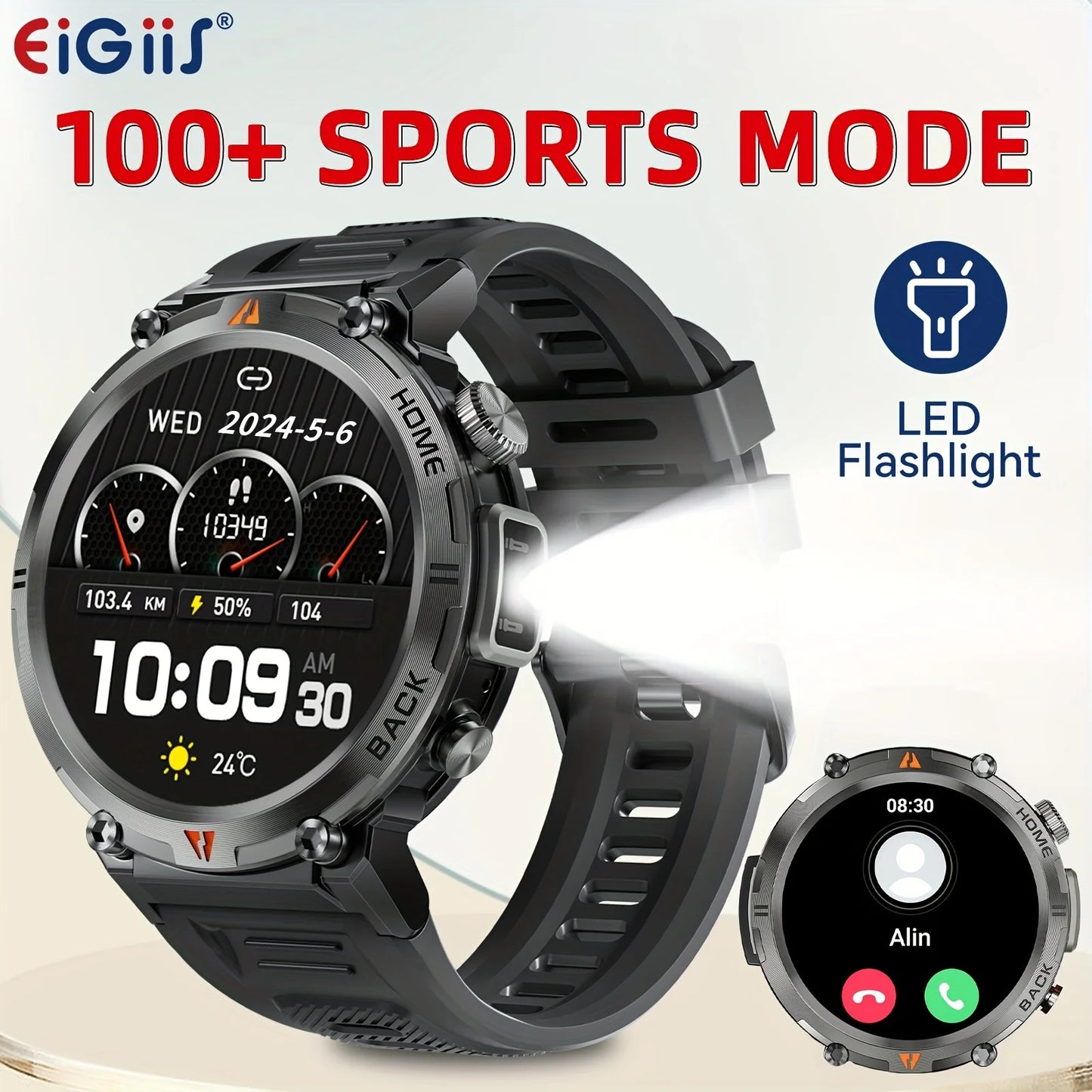 Wireless Calling EIGIIS Smart Watch for Men - LED Lighting Outdoor Sports Watch - Weather Remote Photo Music Control Smartwatch