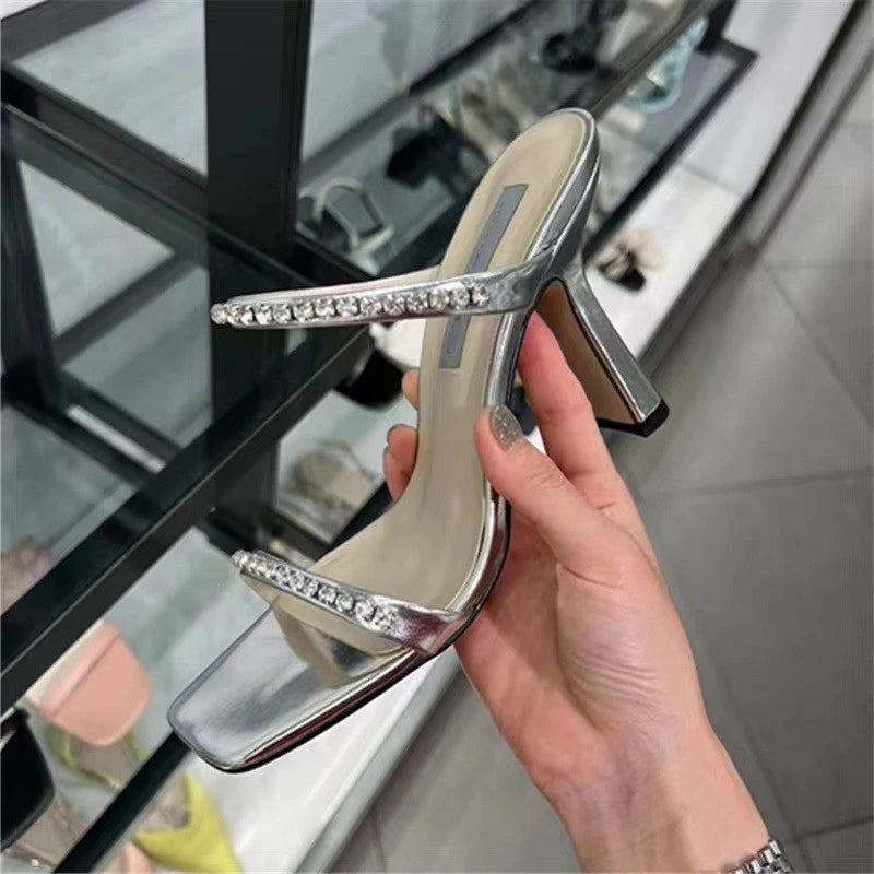 Rhinestone Sandales Talon Femme Slipper Female Shoes Trendy Summer Square Toe High Heels for Ladies
