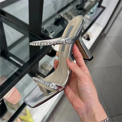 Rhinestone Sandales Talon Femme Slipper Female Shoes Trendy Summer Square Toe High Heels for Ladies