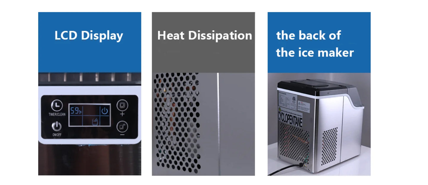 Hicon Tisch-Eiswürfelmaschine, 1 Gallone (3,8 Liter), automatische Selbstreinigung, quadratische Eiswürfel, 44 Pfund (20 kg)/24 Stunden, 24 Eiswürfel in 15 Minuten, inklusive Eisschaufel