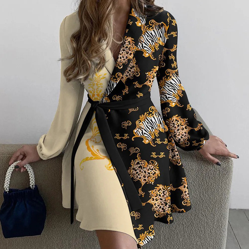Spring Autumn Occident Design Women's Cross V-neck Causal Long Sleeve Dresses With Belt Floral Printing Elegant Dress