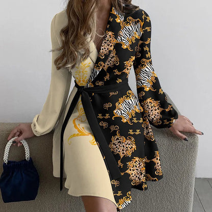 Spring Autumn Occident Design Women's Cross V-neck Causal Long Sleeve Dresses With Belt Floral Printing Elegant Dress