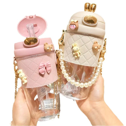580ml Rabbit Ears Cute Plastic Water Bottle with Straw Pearls Metal Chain Strap Portable Kid Water Bottle
